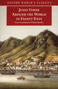 Around the World in Eighty Days Oxford World Classics' Book Cover showing two big sailing ships in port beneath a mountain back-drop