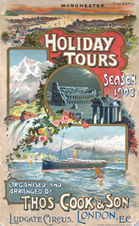 Promotional poster from the Thomas Cook archive. 1902 season showing a cruise liner alpine mountains roman ruins and seaside town