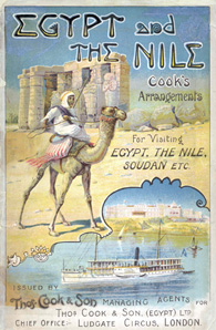 Promotional poster from the Thomas Cook archive. Depicting a camel with rider amongst the egyptian ruins and a steam ship on the nile