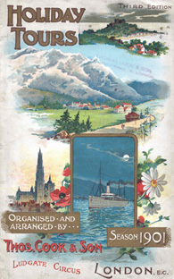 Promotional poster from the Thomas Cook archive. 1901 season showing beach, town, steam ship and alpine scenes 