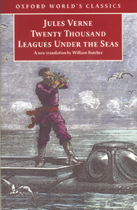 20,000 Leagues Under the Sea Oxford World Classics' Book Cover depicting Captain Nemo standing on the deck of his submarine craft The Nautilus