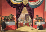 The Octangonal Room depicting two large statues each side of the doorway of a lion and lioness in aggressive stances