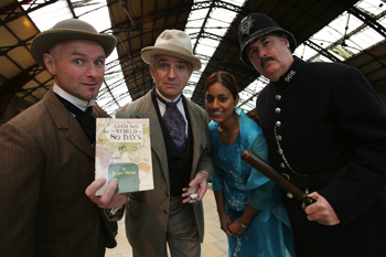 Richard Durnford as Passepartout, Simon Cook as Phileas Fogg, Manjit Sylvester-Jhalli as Princess Aouda and Mike Rowland as Detective Fix.