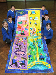 Teyfant Community School pupils with their collage inspired by literacy projects at the school (Martin Chainey).
