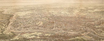 Aerial view of Bristol, 1887, by J Lavars (Bristol's Museums, Galleries and Archives). It is assumed that this amazingly accurate bird's eye view of the city was painted from the basket of a hot-air balloon.