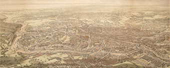 Aerial view of Bristol, 1887, by J Lavars (Bristol's Museums, Galleries and Archives). It is assumed that this amazingly accurate bird's eye view of the city was painted from the basket of a hot-air balloon.