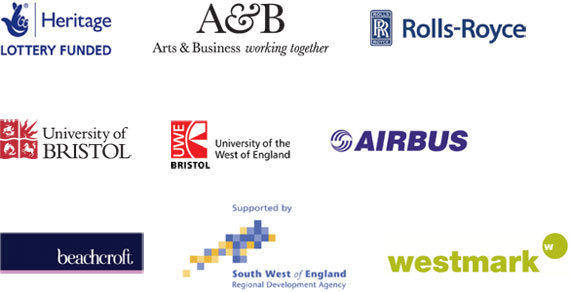 Logos of sponsors: Heritage Lottery Fund, Arts and Business, Rolls-Royce, University of Bristol, University of the West of England, Airbus, Beachcroft, SWRDA and Westmark