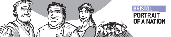 Characters from the comic with Portrait of a Nation - Bristol logo