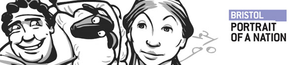 Characters from the comic with Portrait of a Nation - Bristol logo