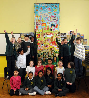 Hillfields Primary with banner.