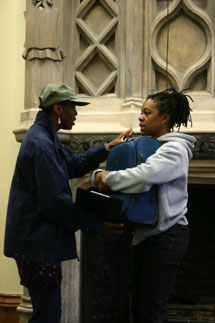 Ruth Pitter and Valerie Mower performing an extract from the Our Stories Make Waves' assembly on migration at the Bristol launch (Laura Thorne).