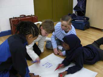 Pupils at Hannah More Primary taking part in a Our Stories Make Waves workshop.