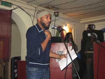 Anthony Joseph from Trinidad alongside reggae DJs - Senator Sound System - at the Heart Beats poetry night in Liverpool that was linked to Small Island Read 2007.
