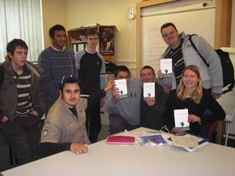 John, Sunil, Dave,  Dan (standing), Tiegan,  Tom, Stuart (seated) with Claire Williamson at a workshop based on Refugee Boy at City of Bristol College.