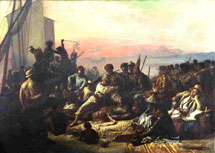 Slaves on the West Coast of Africa by Francois-Auguste Biard. The picture is set at Freetown Bay, Sierra Leone and portrays a West African Slave Market, with slaves being inspected and branded before being taken on ships across the Atlantic. It was given to Sir Thomas Fowell Buxton to commemorate the abolition of slavery in 1833 (Wilberforce House Museum, Hull City Council).